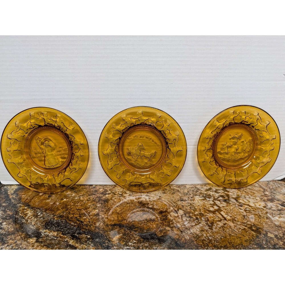 3 Tiara Amber Glass Nursery Rhyme 6 1/2" Plates Bo Peep 3 Bears Piggy Hey Diddle